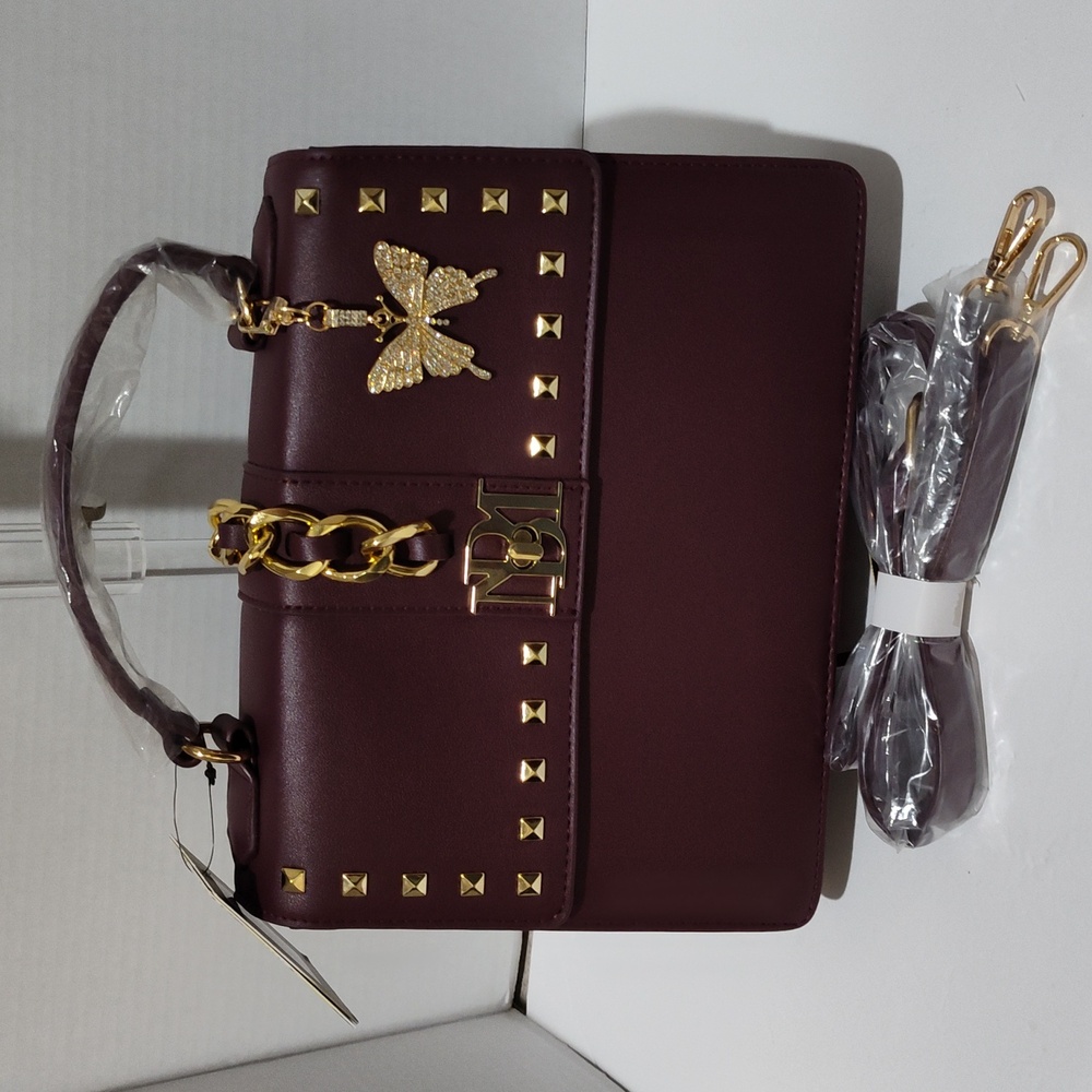 Badgley Mischka Plum Studded Top Handle Crossbody Butterfly Charm